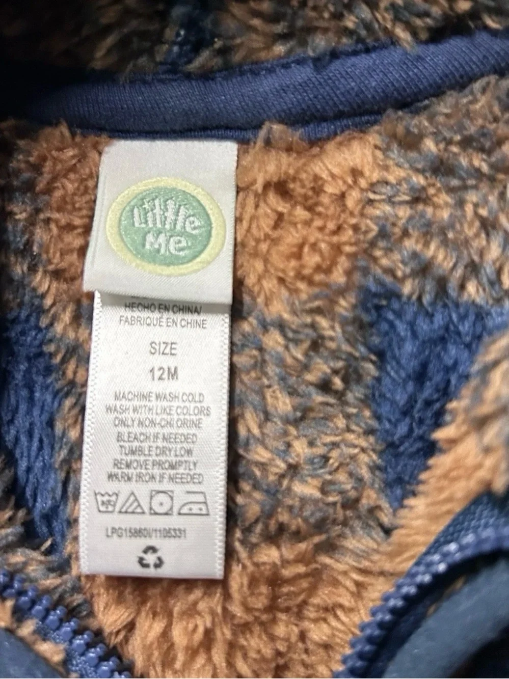 Baby Little Me Brown Blue Plaid Faux Fur Hooded Jacket Size 12 Months